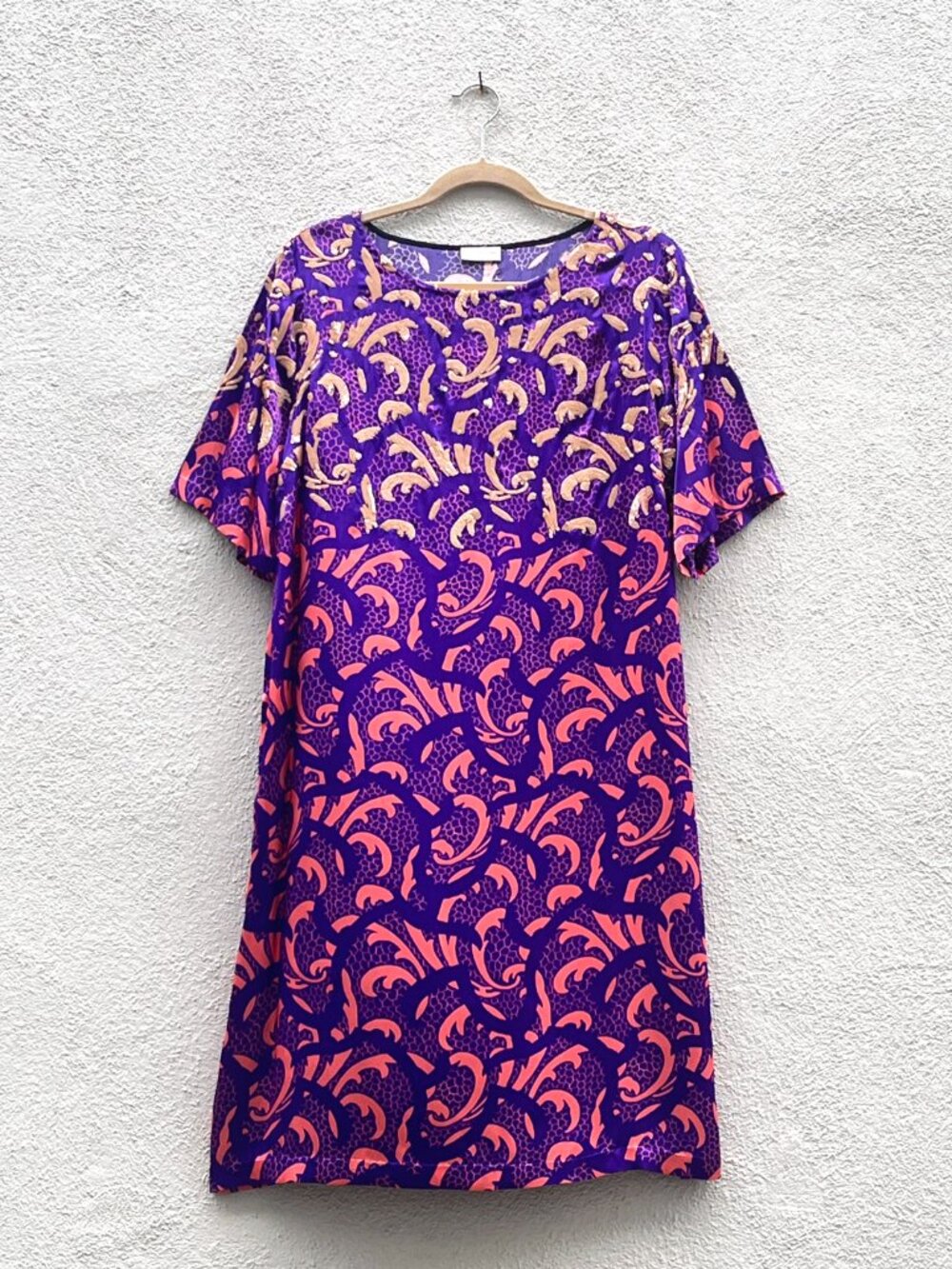 Dries Van Noten Satin Sequined Ombre Short Sleeve Shift Midi Dress Size 38